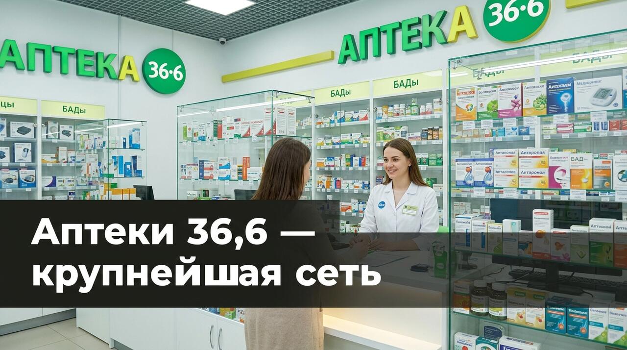 Фасад аптеки сети «36,6» с яркой жёлто-зелёной вывеской и витриной лекарственных средств