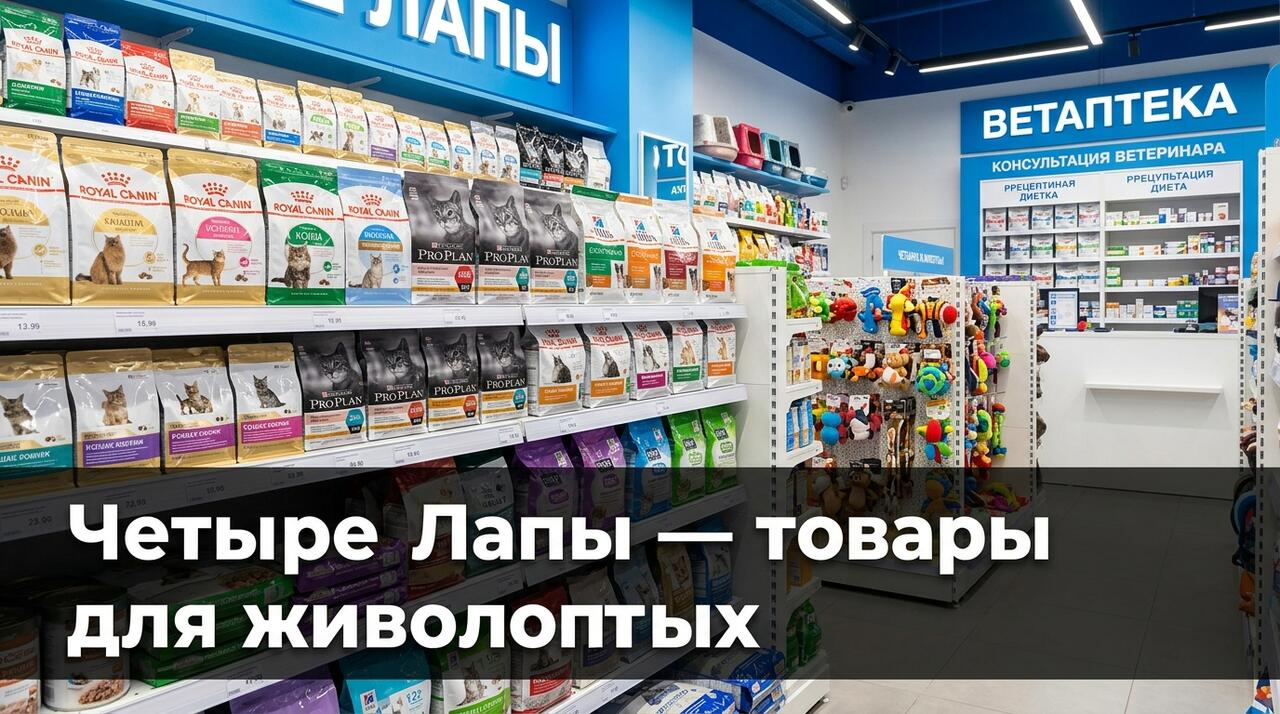 Витрина зоомагазина «Четыре Лапы» с кормами для собак и кошек премиум-класса