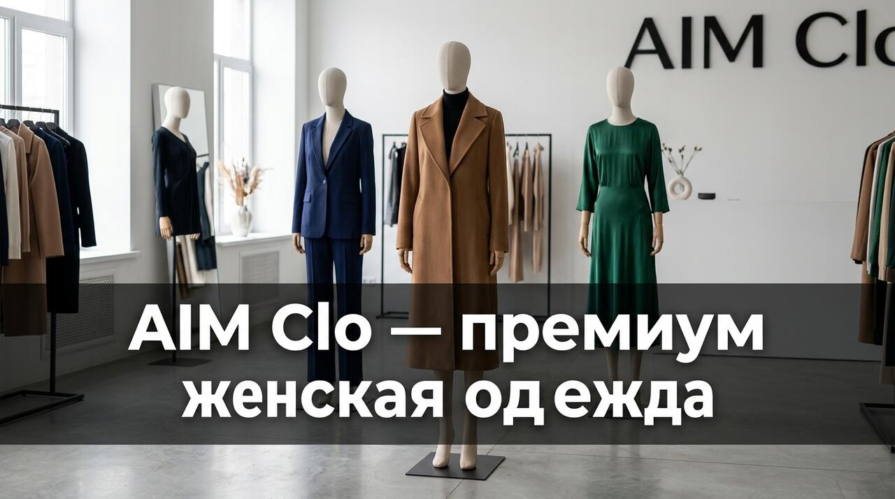 Модель в трикотажном кардигане и платье российского бренда AIM Clo на фоне минималистичной студии