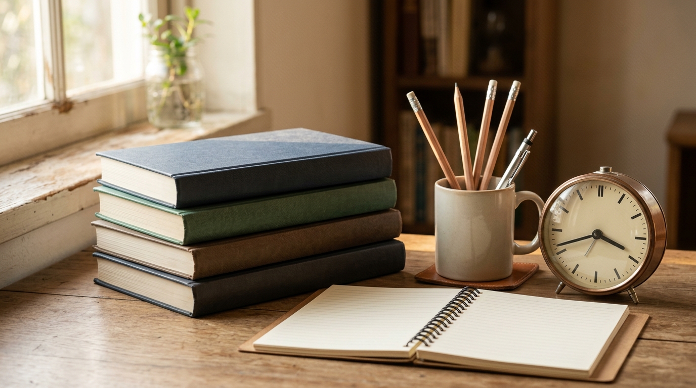 Стопка учебников, открытый блокнот и часы на рабочем столе — символ обратного отсчёта до экзамена