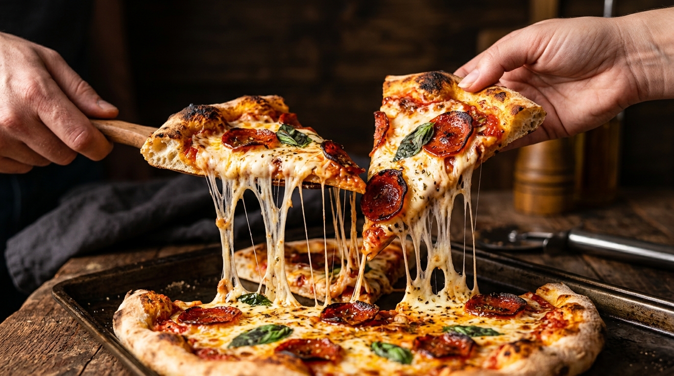 Горячая пицца с тянущимся сыром на деревянной доске