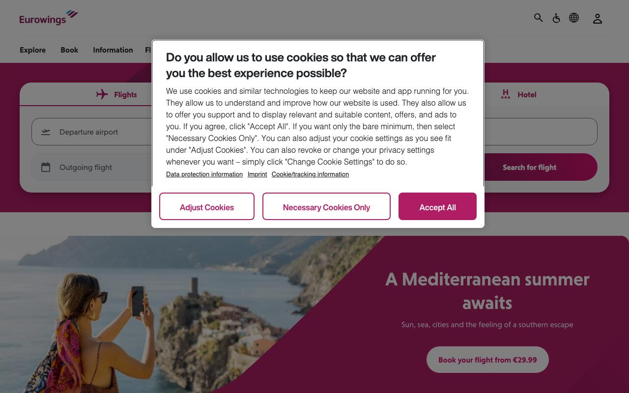 Скриншот сайта Юровингс (Eurowings)