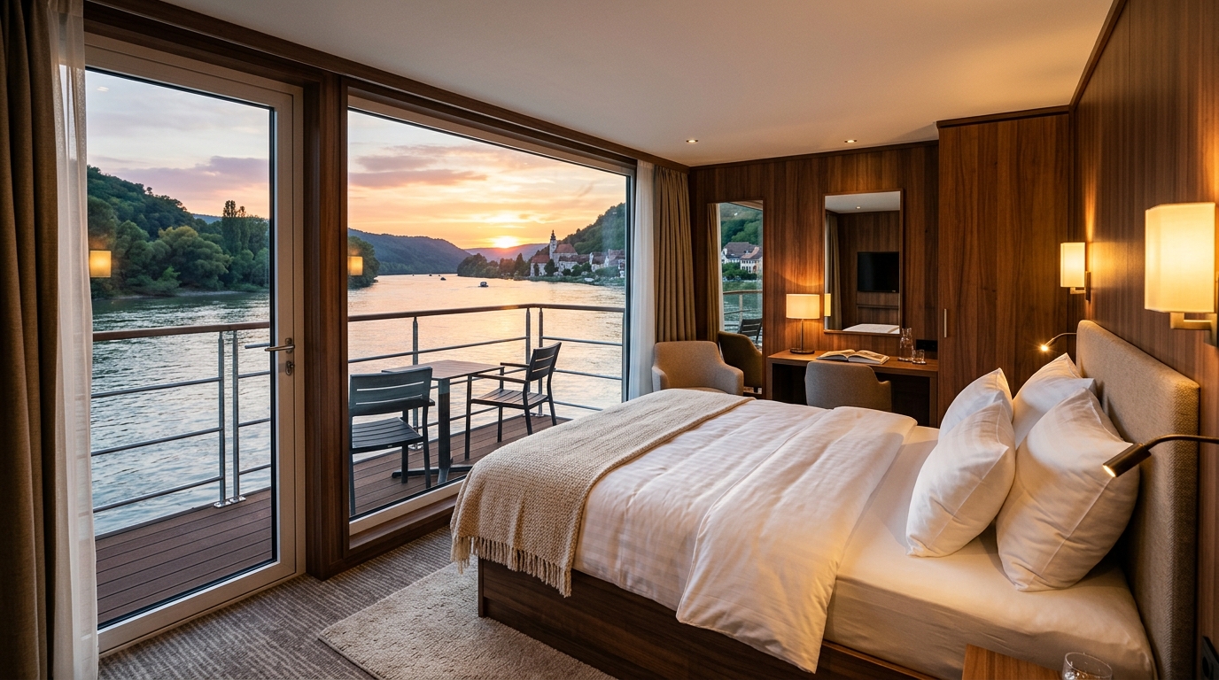 Каюта с балконом на современном речном теплоходе — вид на реку и закат