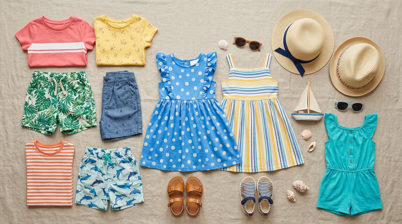 Летний детский гардероб флэт-лей: футболки, шорты, платья, сандалии, шляпы — базовый набор на сезон