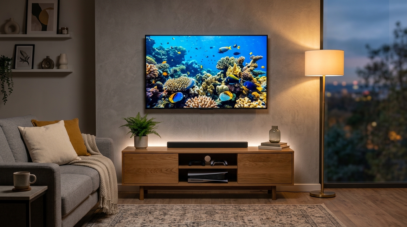 Современная гостиная с телевизором на стене и игровой приставкой на тумбе — вечернее освещение