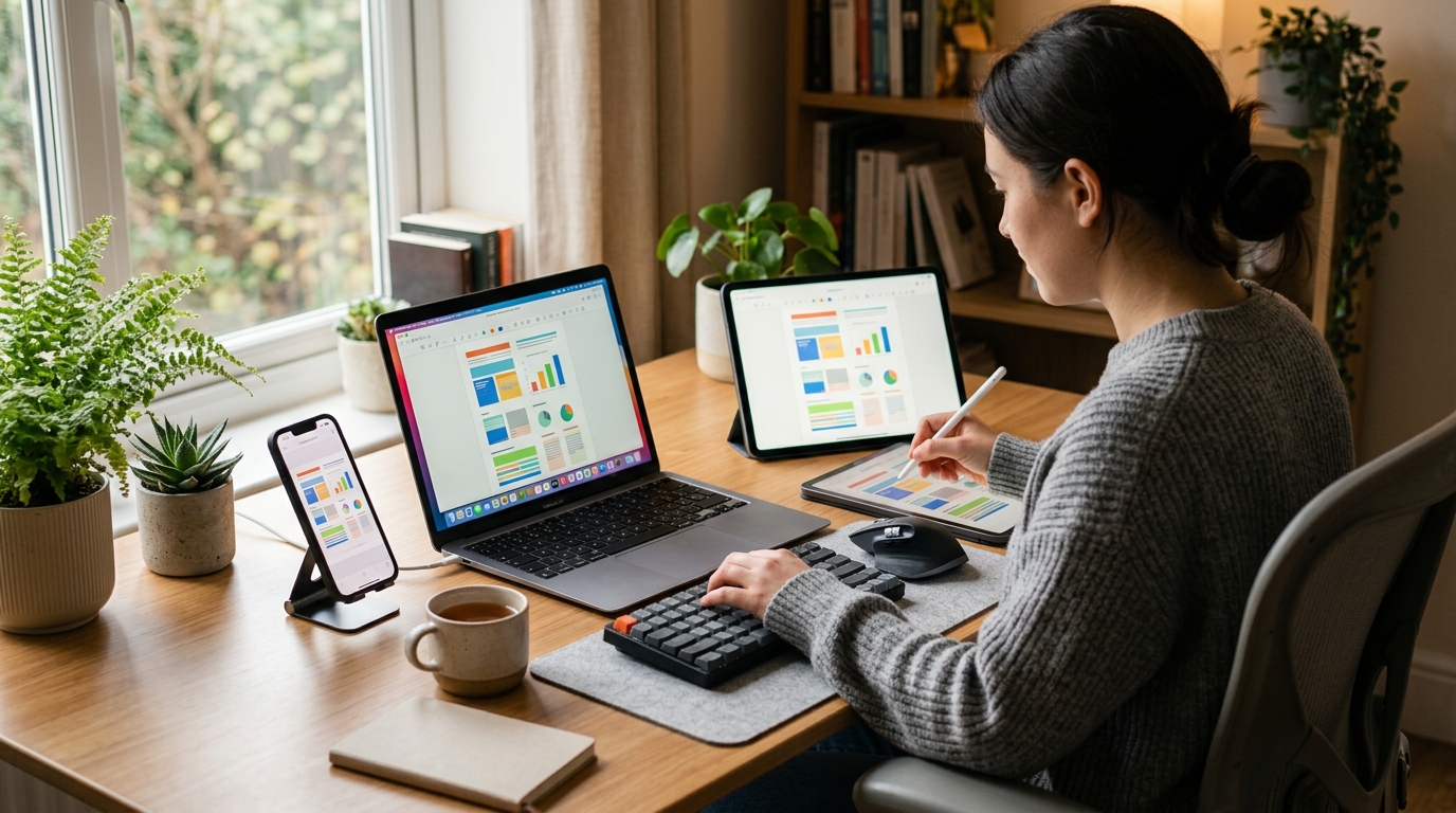 Рабочий стол с ноутбуком, планшетом и смартфоном — синхронизация документов между устройствами