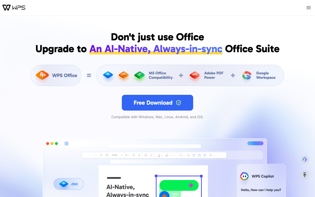 Скриншот главной страницы WPS Office — единый офисный пакет с поддержкой docx, xlsx и PDF, совместимый с Windows, macOS, Linux, Android и iOS